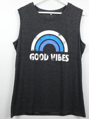Womens Tank Top Good Vibes Large Gray Rainbow Sleeveless